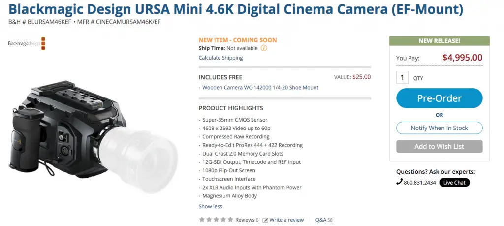 URSA Mini 4.6K EF Mount Camera Blackmagic Design