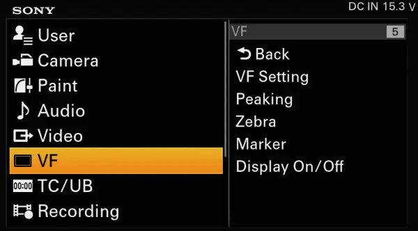 Sony FS7 VF Menu Zebra Waveform Histogram