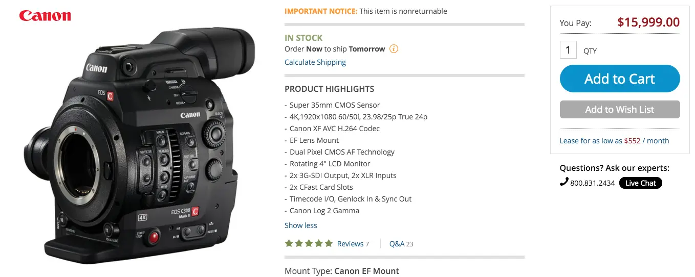 Canon C300 Mark II Features