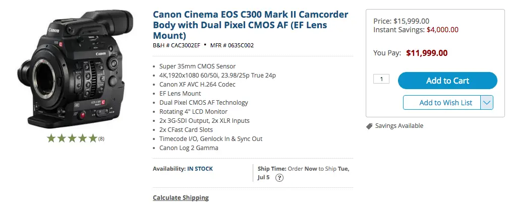 canon C300 mark ii price drop july 1